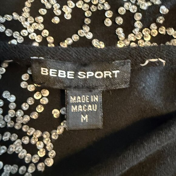 Bebe Sport Black Top SZ Medium Embellished Zip-Up Cold Shoulder Athleisure - Picture 3 of 9